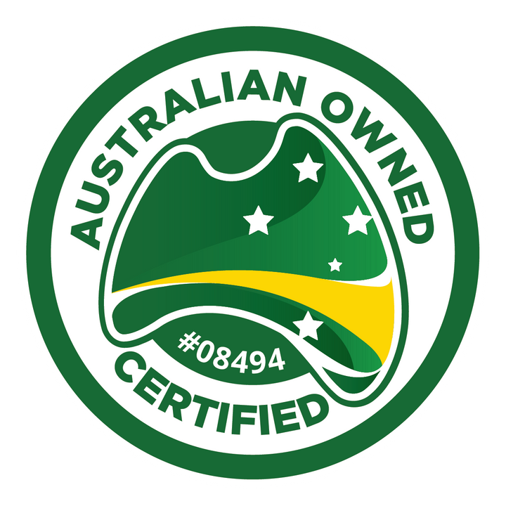 Australian Owned Certified logo with green Australia map design and stars.