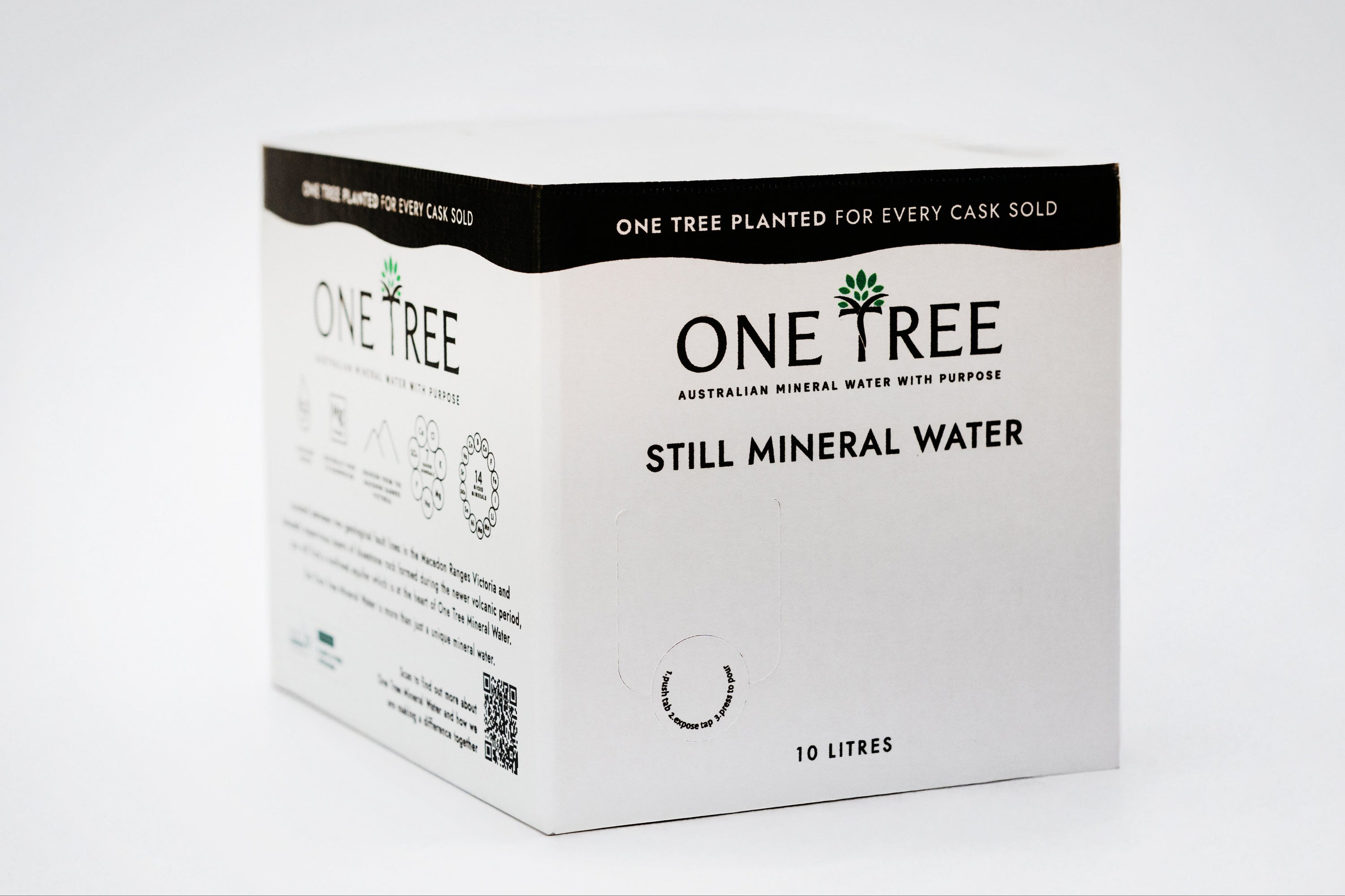 Angled front view of One Tree Mineral Water 10L cask featuring clean minimalist packaging