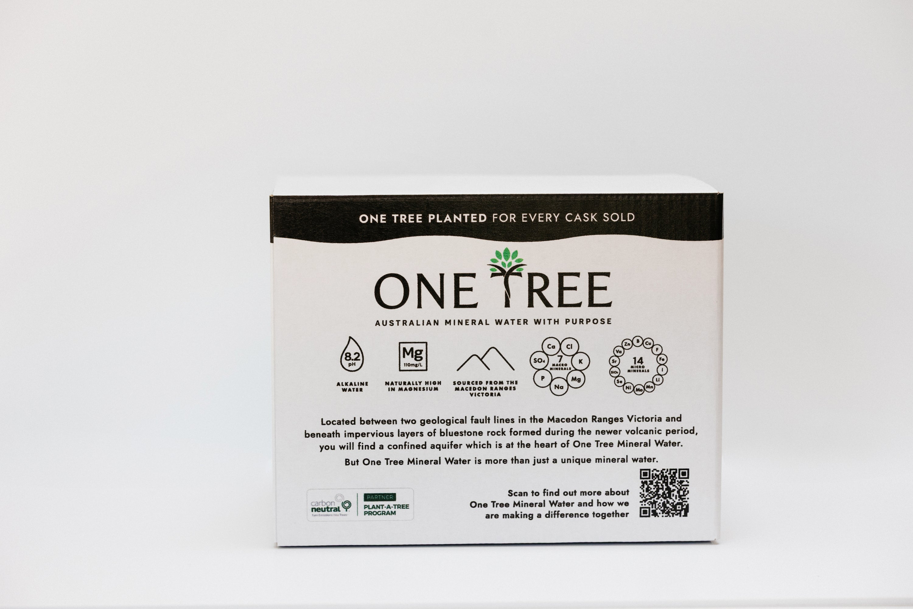 Side view of One Tree Mineral Water 10L cask with mineral icons and sourcing information