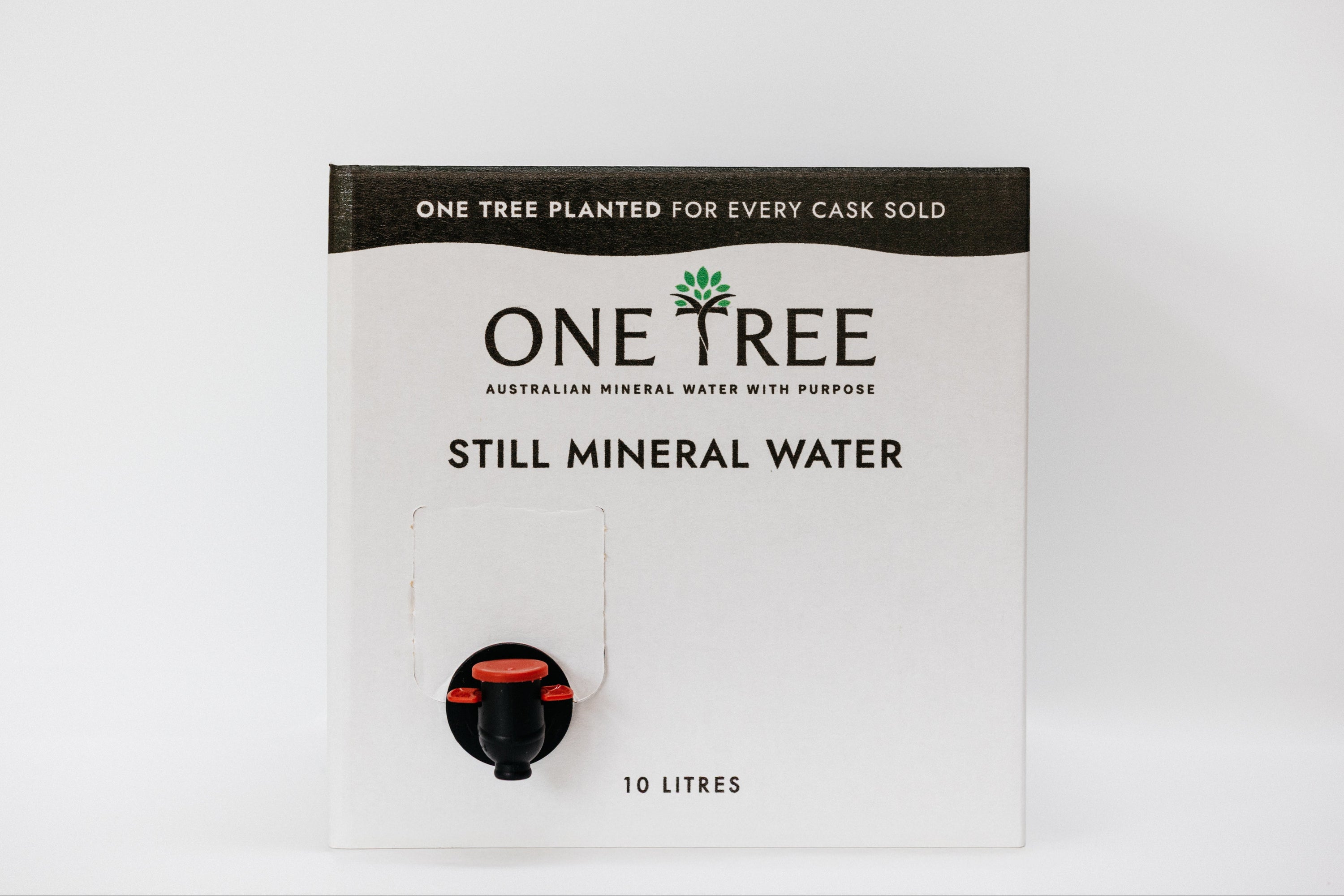 Front-facing One Tree Mineral Water 10L cask showing dispensing tap
