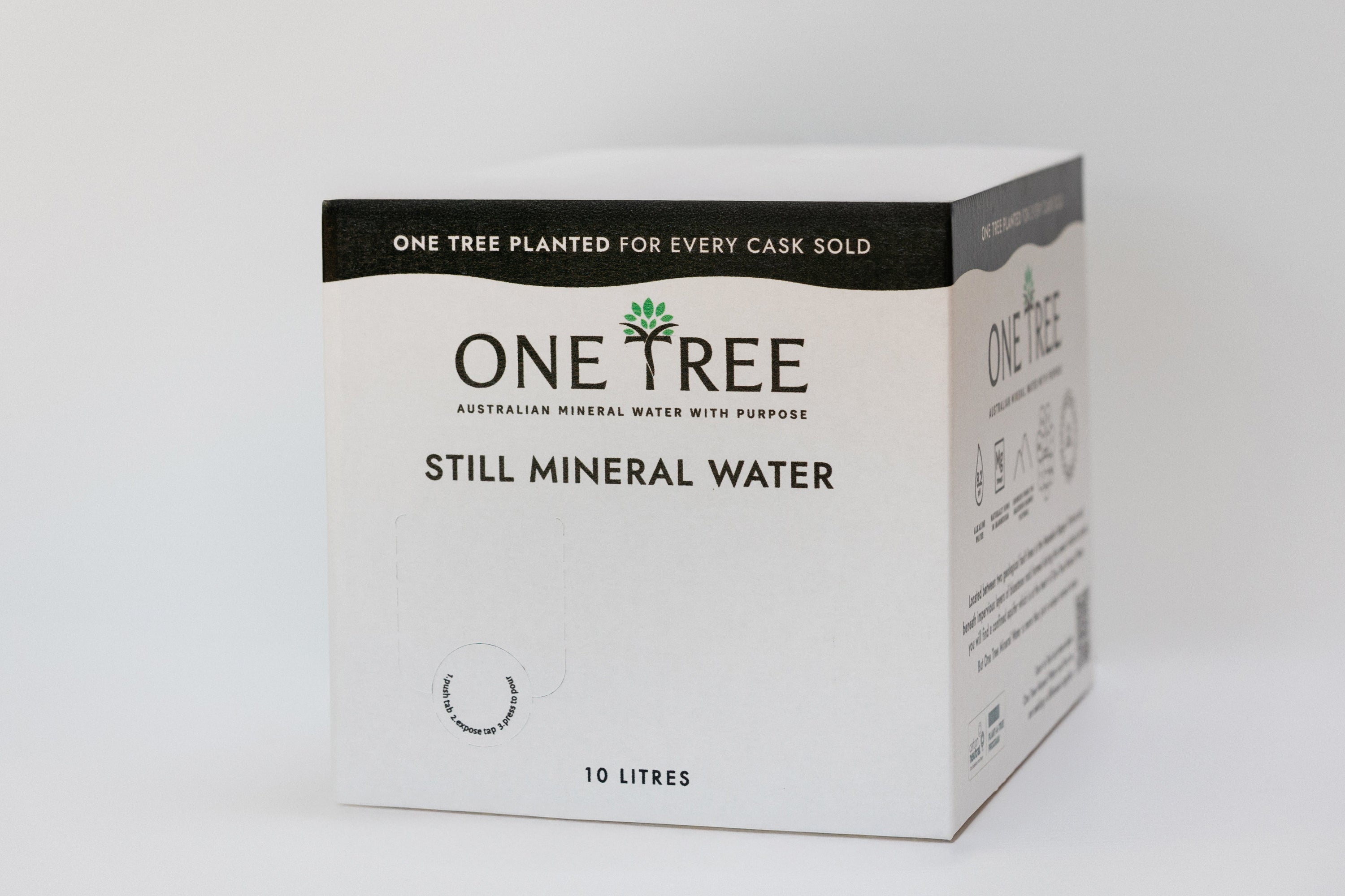Side angle of One Tree Mineral Water 10L cask showing the tap cutout on the packaging